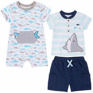 NWT Set of 2 Shark-themed Infant Outfits: Romper and Shirt/Shorts